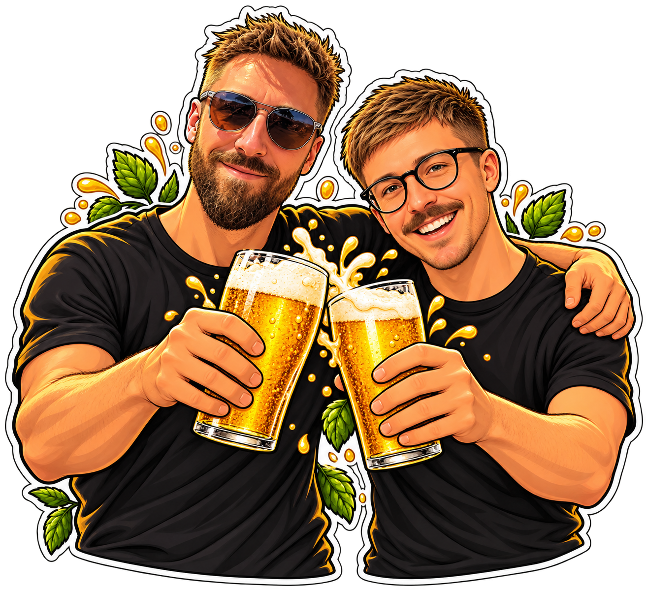 Cartoon avatars of Rich and Shea clinking beers